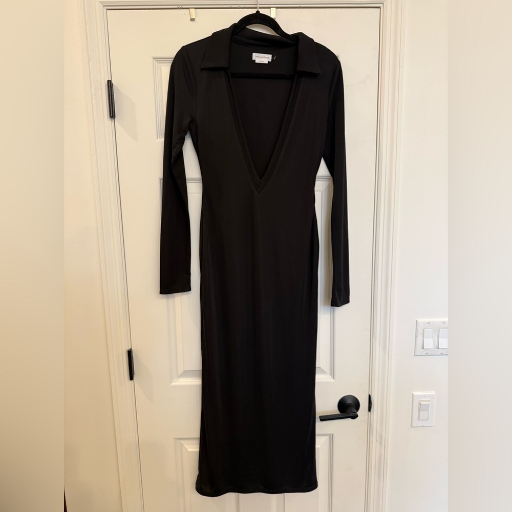 Lovers + Friends Black Deep V Neck Collared Long Sleeve Midi Maxi Dress Small